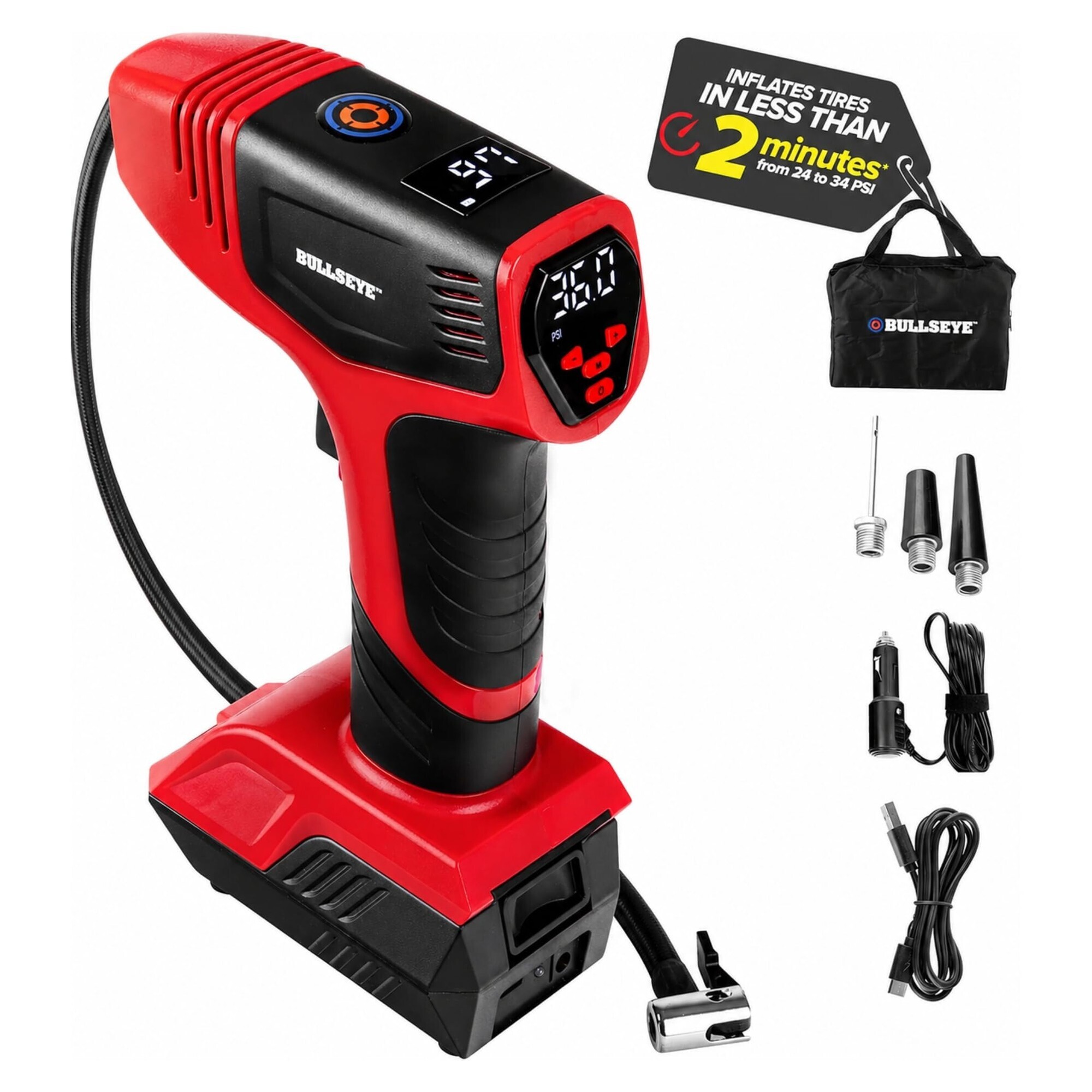 BULLSEYE PRO Tire Inflator with Pressure Gauge, Compact and Portable, Automatic Shut Off, 150 PSI Max, USB Home Rechargeable and Cord for Vehicular Use As Seen On TV